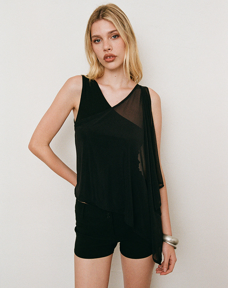 Image of Siera Asymmetric Top with Mesh Panel in Cupro Black