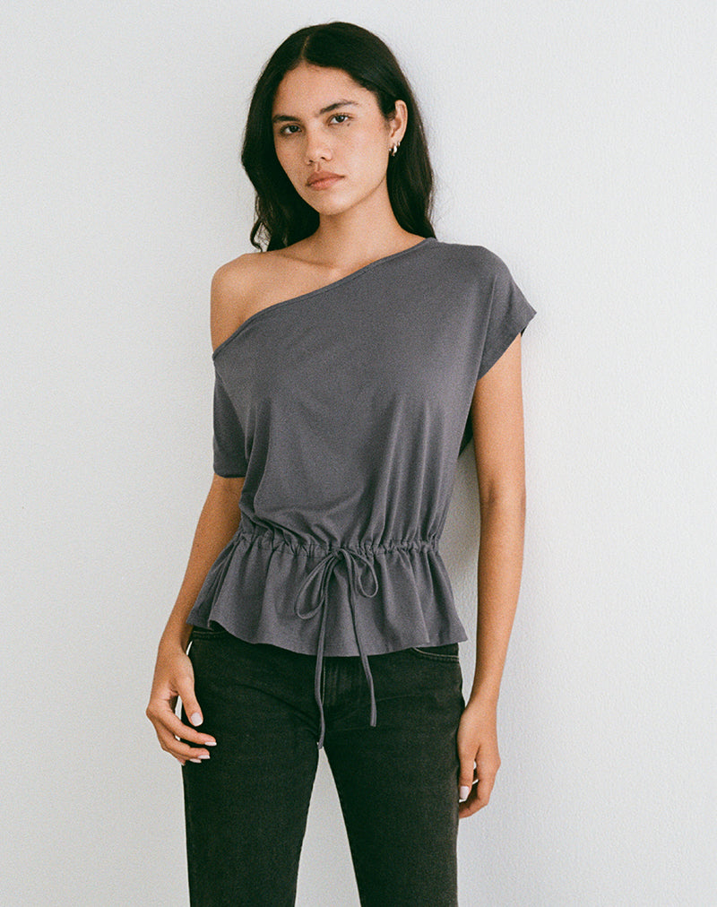 Image of Sika One Shoulder Top in Charcoal Grey with Tie Belt