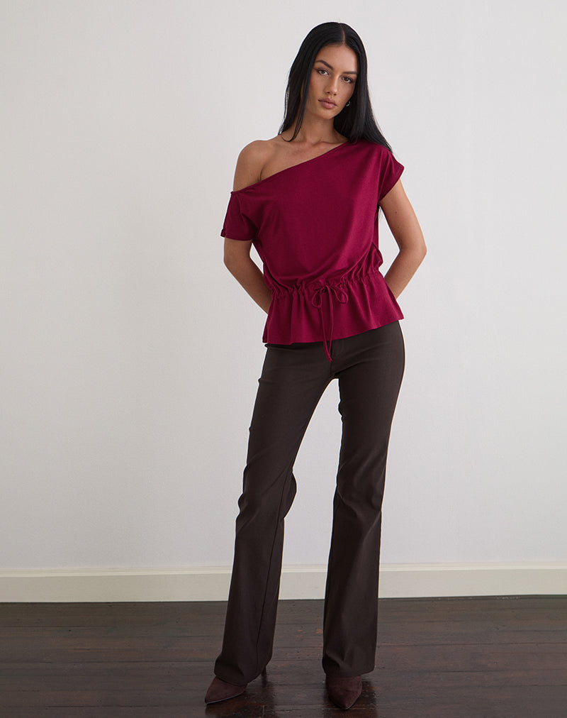 Image of Sika One Shoulder Top in Burgundy with Tie Belt