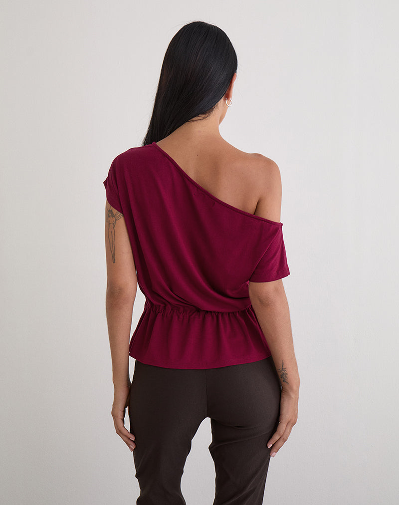 Image of Sika One Shoulder Top in Burgundy with Tie Belt