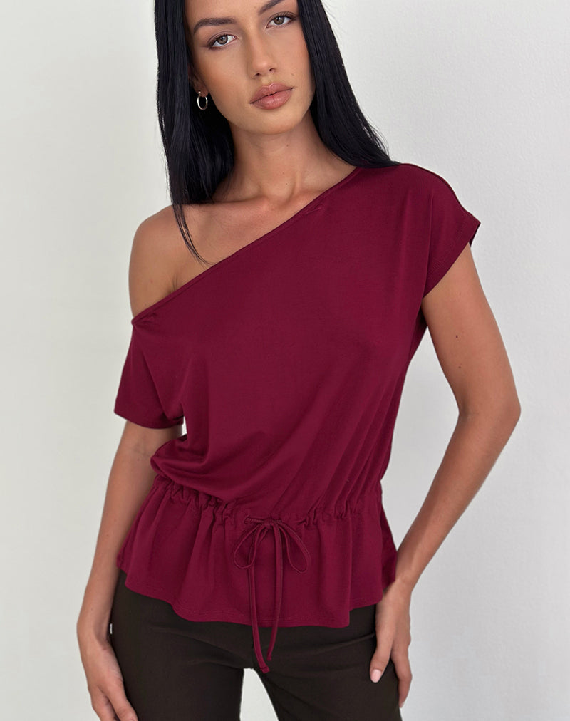 Image of Sika One Shoulder Top in Burgundy with Tie Belt