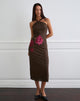 Image of Silvra Halterneck Midi Dress in Brown with Pink Flower Print