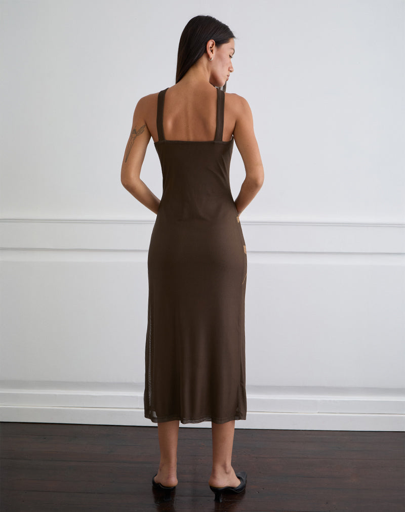 Silvra Halterneck Midi Dress in Brown with Pink Flower Print Silvra Halterneck Midi Dress in Brown with Pink Flower Print