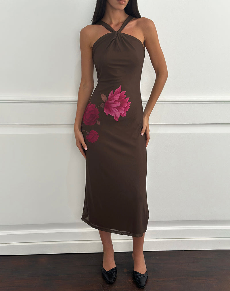 Image of Silvra Halterneck Midi Dress in Brown with Pink Flower Print