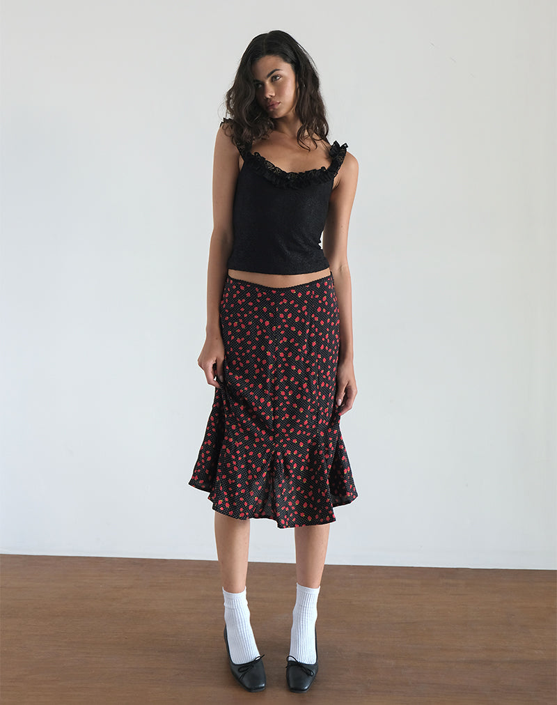 Image of Sima Midi Skirt in Strawberry Polka Black