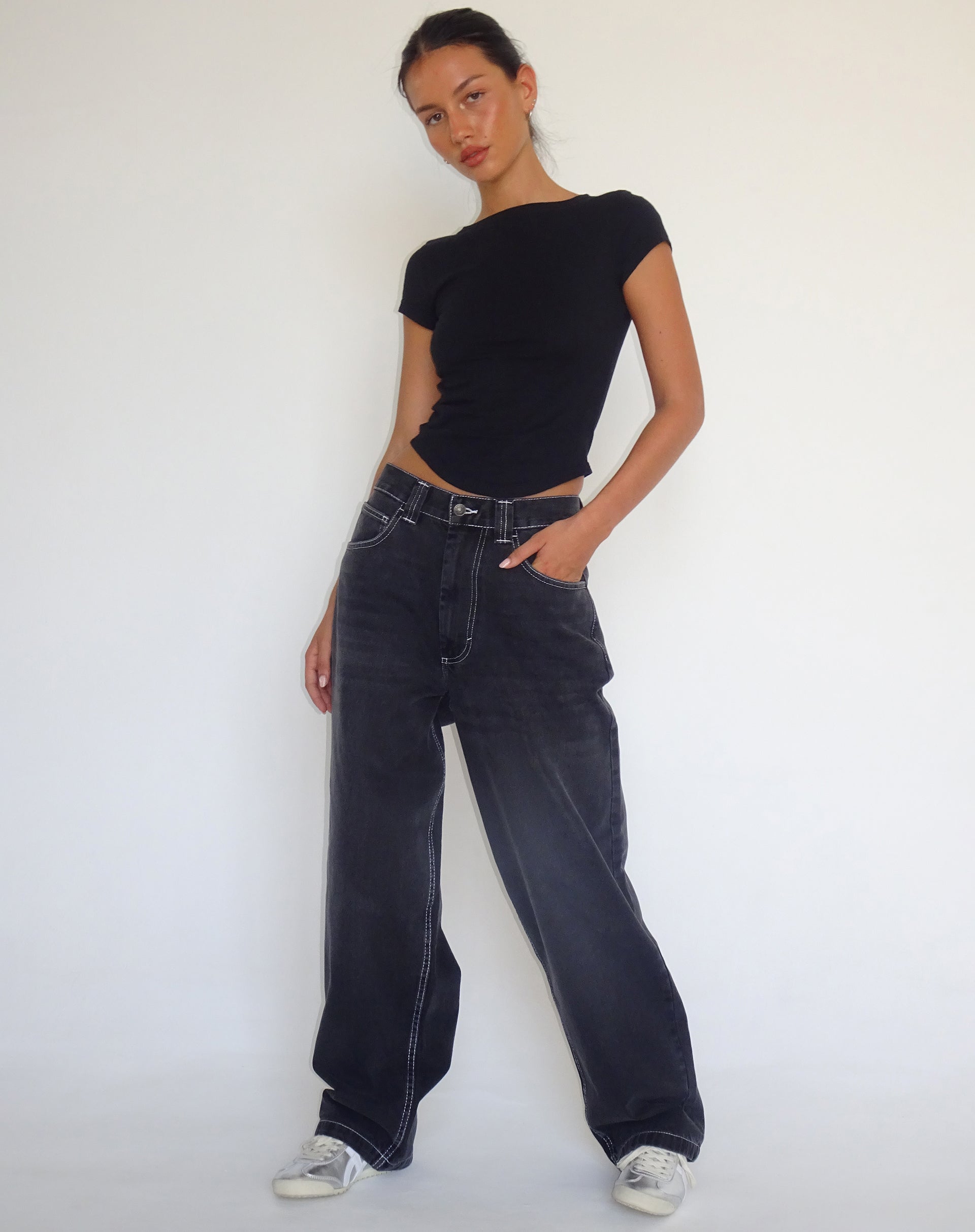 Vintage Black with White Top Stitch Low Rise Jeans Skater