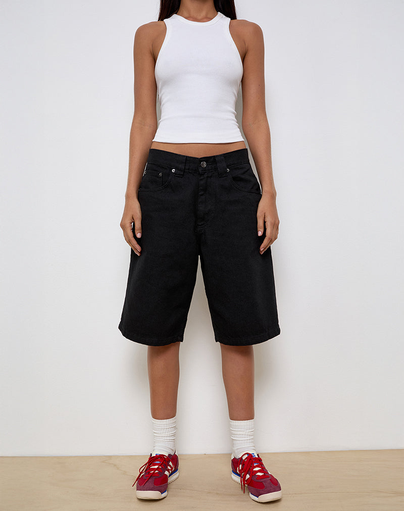 Low Rise Denim Skater Short in Rinse Black