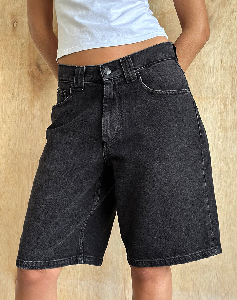 Low Rise Denim Skater Short in Washed Black Grey