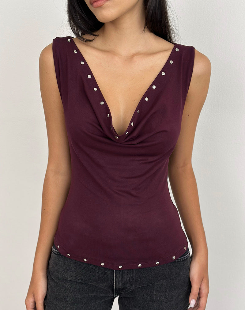 Slater Studded Top in Rayon Jersey Dark Plum