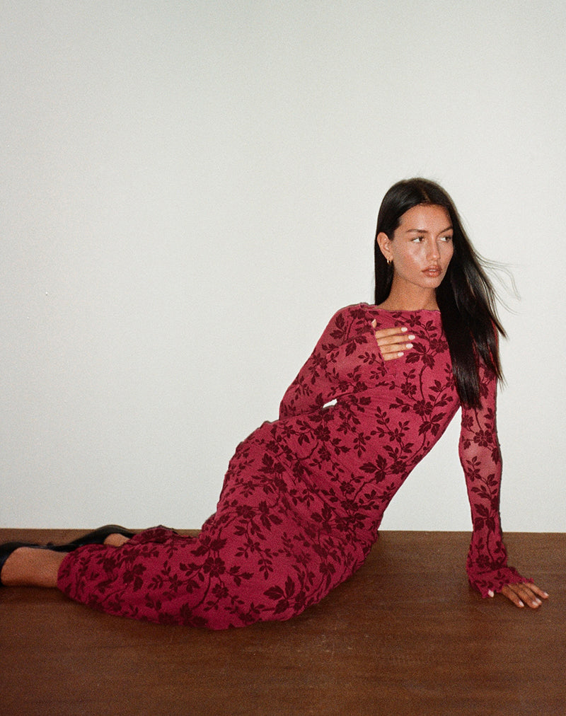 slokya long sleeve maxi dress in vine floral flock cherry Slokya Long Sleeve Maxi Dress in Vine Floral Flock Cherry