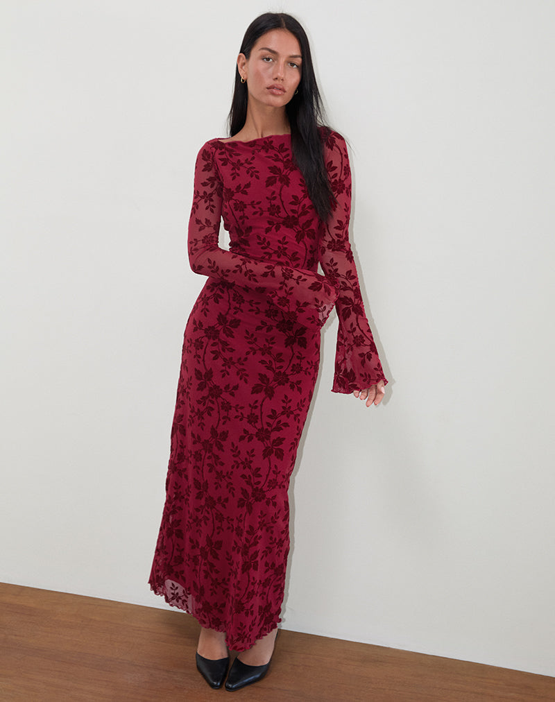 Cherry Red Vine Floral Flock Long Sleeve Maxi Dress