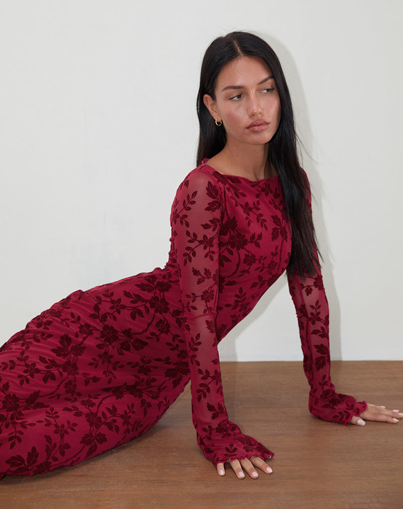 Cherry Red Vine Floral Flock Long Sleeve Maxi Dress