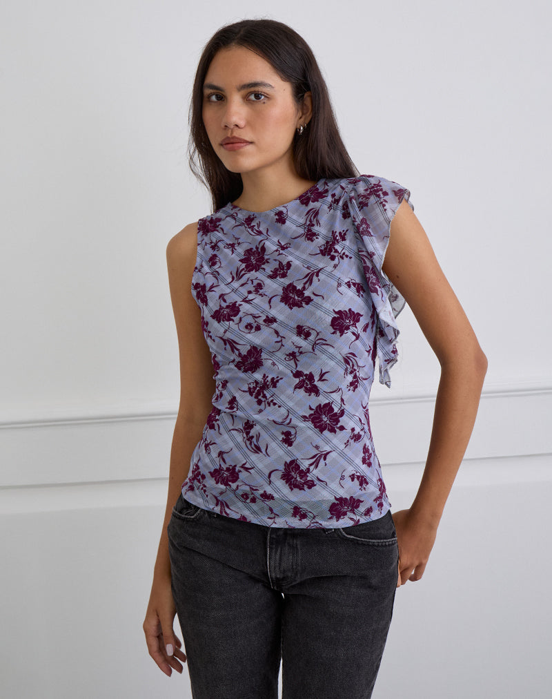 Image of Soyan Asymmetrical Top in Lotus Flock Check Lavender