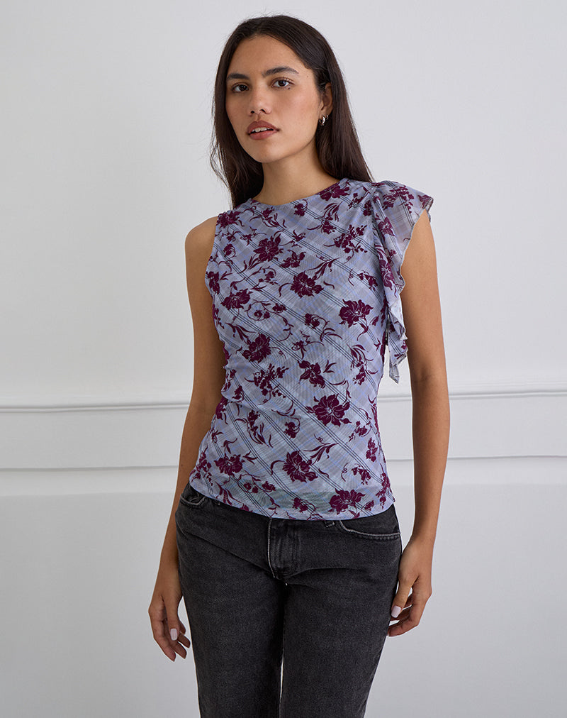 Image of Soyan Asymmetrical Top in Lotus Flock Check Lavender