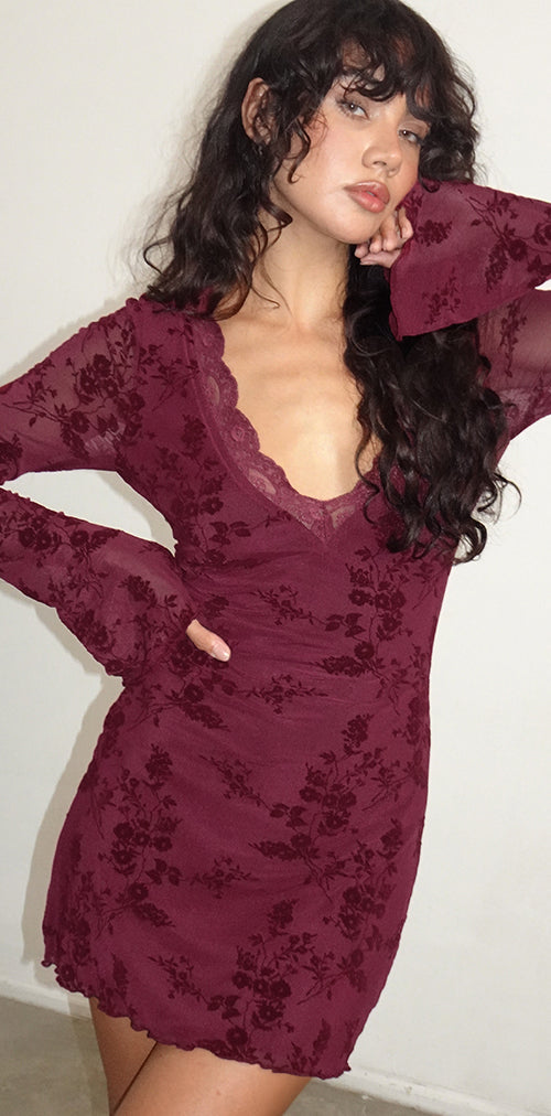 Image of Sriti Mini Dress in Botanical Flower Maroon