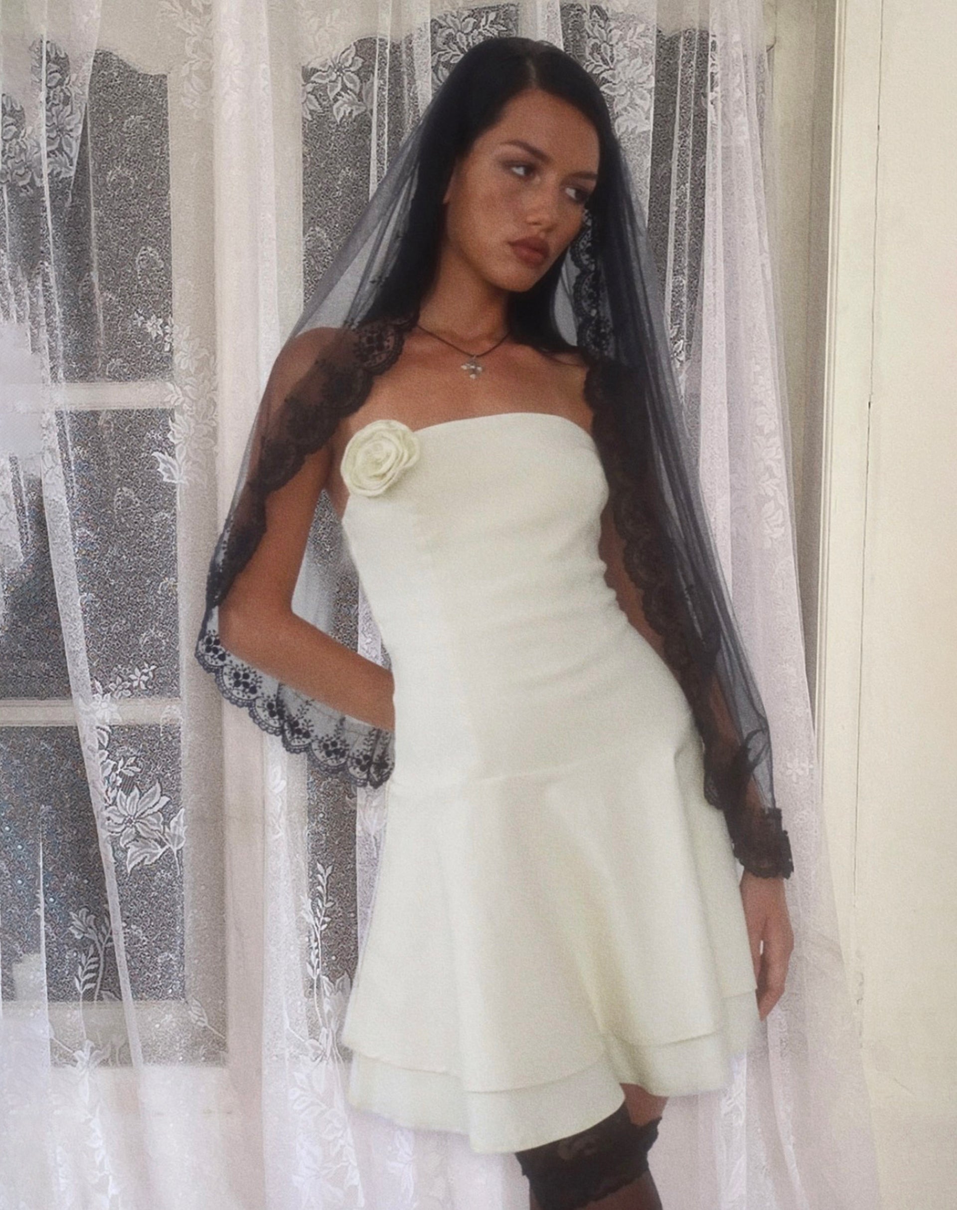 Image of Striata Mini Dress in Cream with Rosette