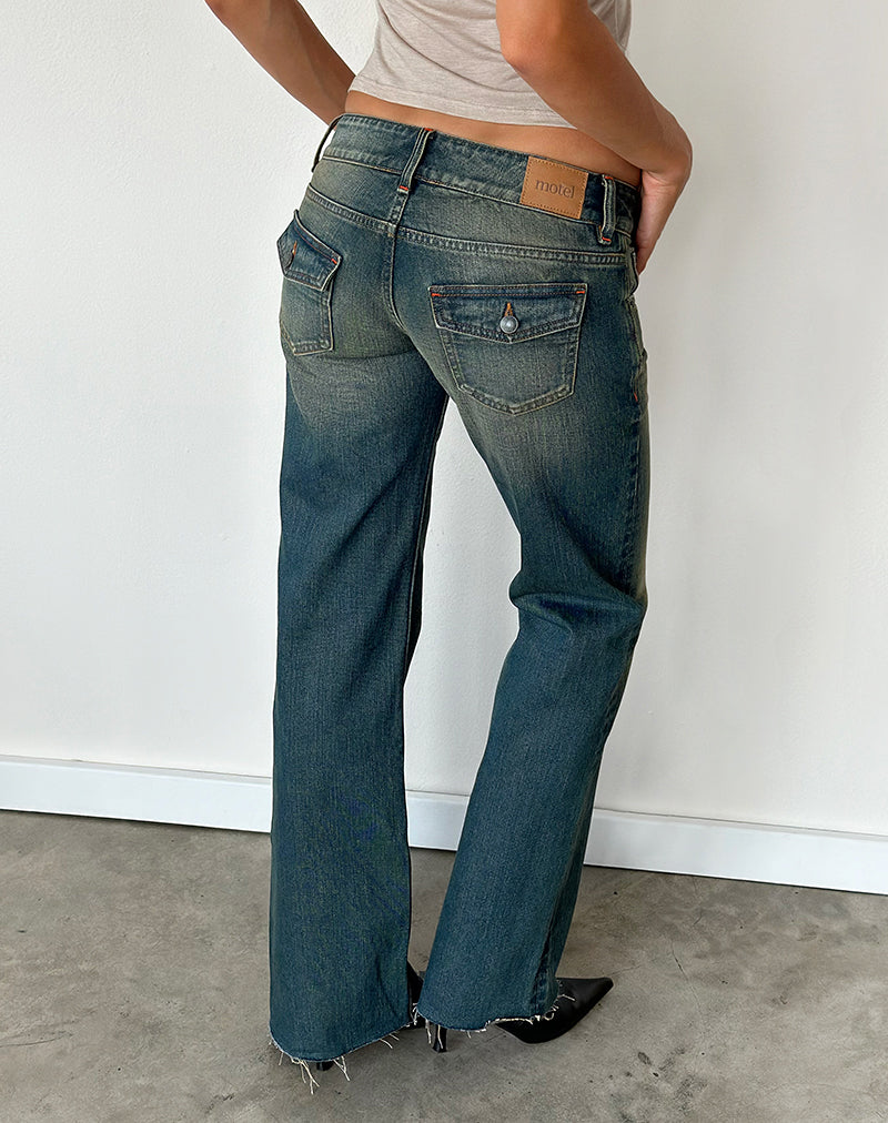 Image of Stud Low Rise Bootcut Jean in Worn Blue Wash