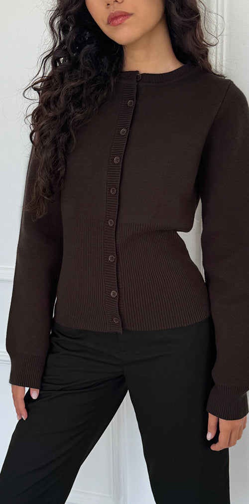Image of Subra Long Sleeve Ribbed Hem Cardi in Bitter Chocolate