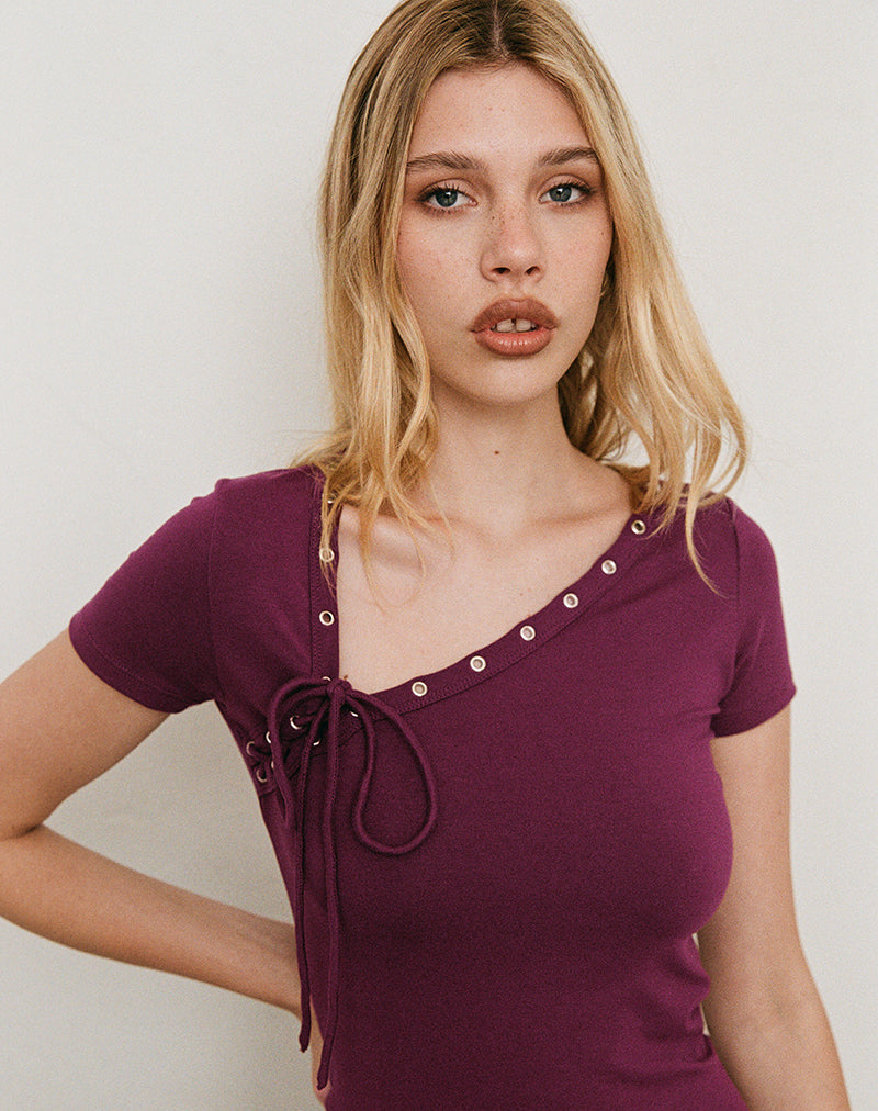 Image of Sudata Lace Up Top in Rayon Jersey Deep Purple