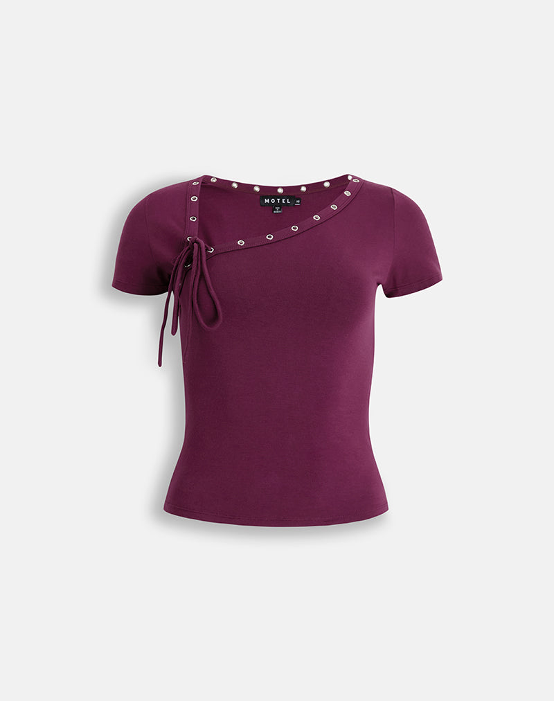 Image of Sudata Lace Up Top in Rayon Jersey Deep Purple