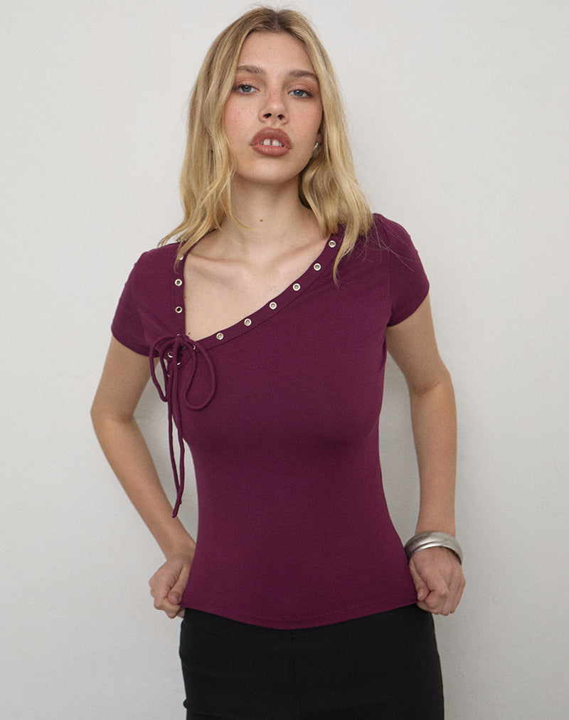 Image of Sudata Lace Up Top in Rayon Jersey Deep Purple