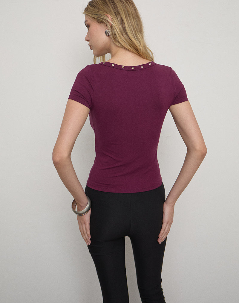 Image of Sudata Lace Up Top in Rayon Jersey Deep Purple