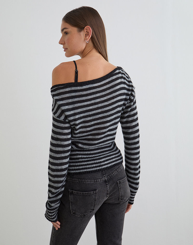 Image of Suena Asymmetric Jumper in Stripe Black and Grey