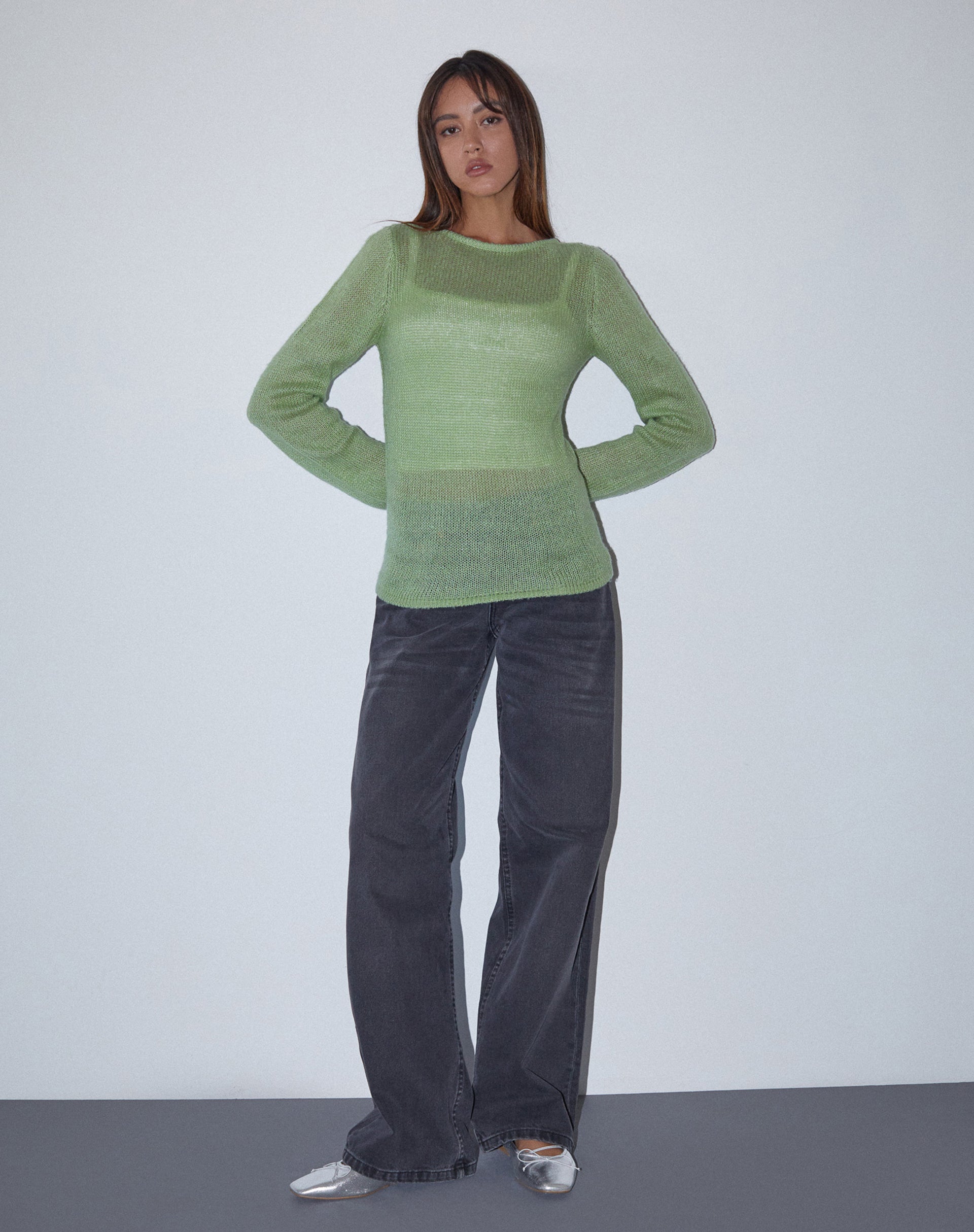 Image of Sukana Long Sleeve Sheer-Knit Top in Light Green