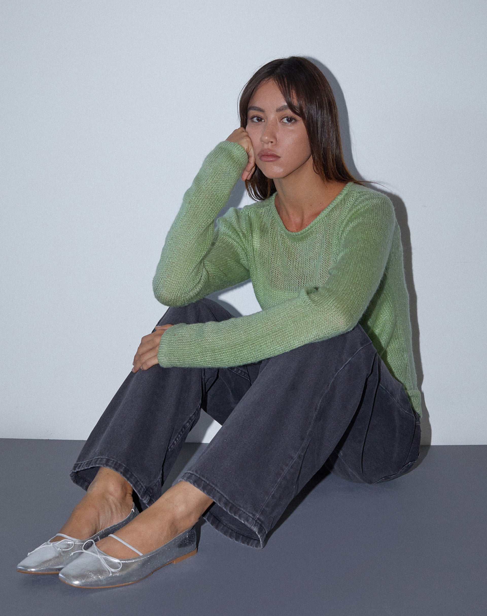 Image of Sukana Long Sleeve Sheer-Knit Top in Light Green