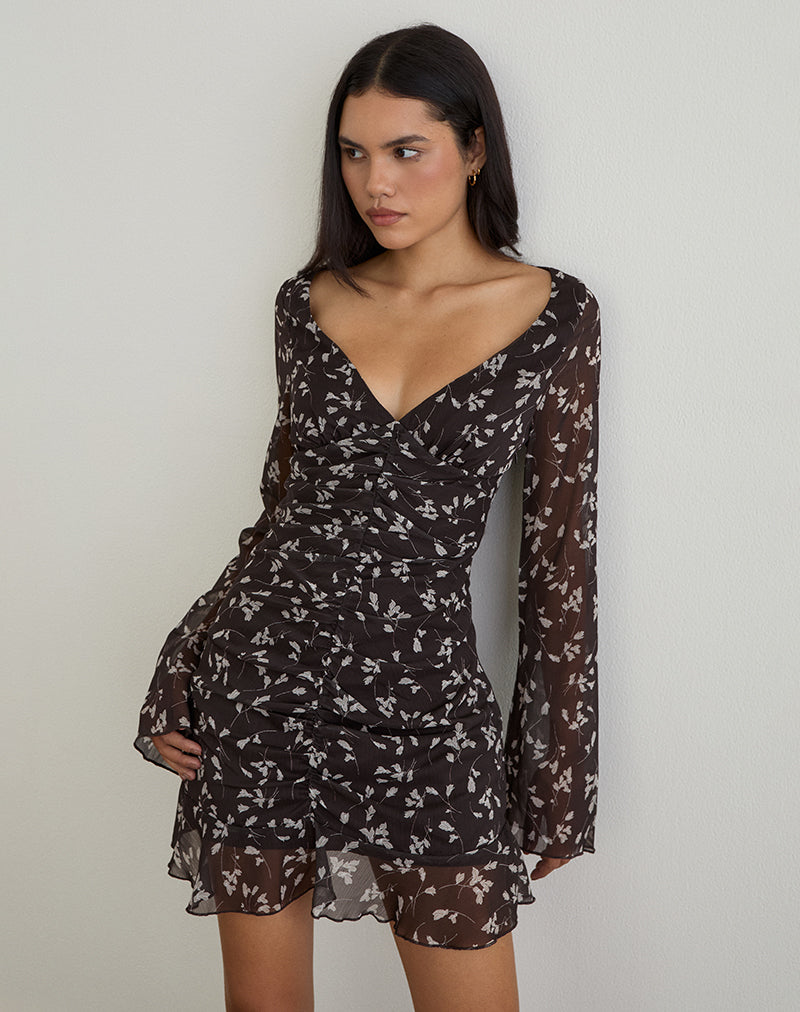 Image of Sumiko Mini Dress in Flower Chiffon Brown