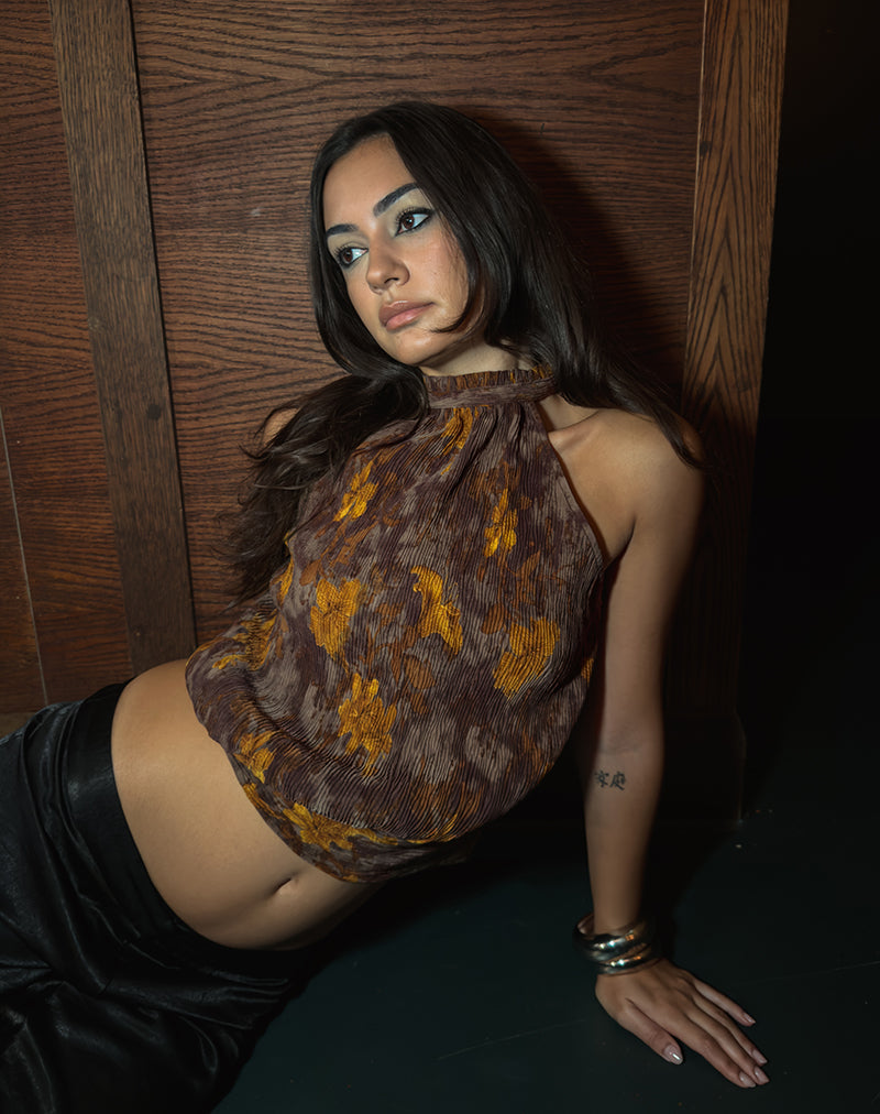 Image of Sunari Top in Floral Plisse Brown and Yellow