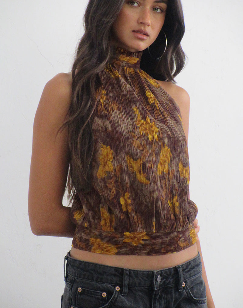 Image of Sunari Top in Floral Plisse Brown and Yellow