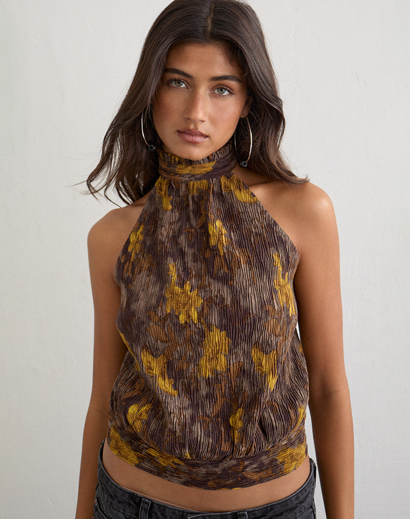 Image of Sunari Top in Floral Plisse Brown and Yellow
