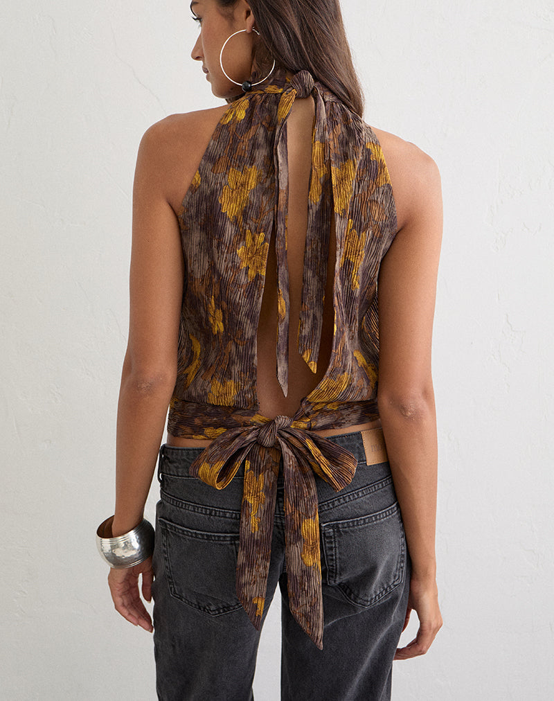 Image of Sunari Top in Floral Plisse Brown and Yellow