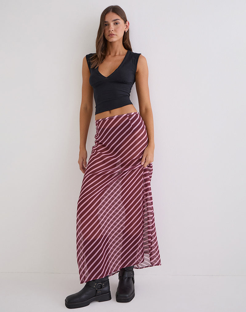Image of Surina Maxi Skirt in Tilted Stripe Chiffon Pink and Burgundy