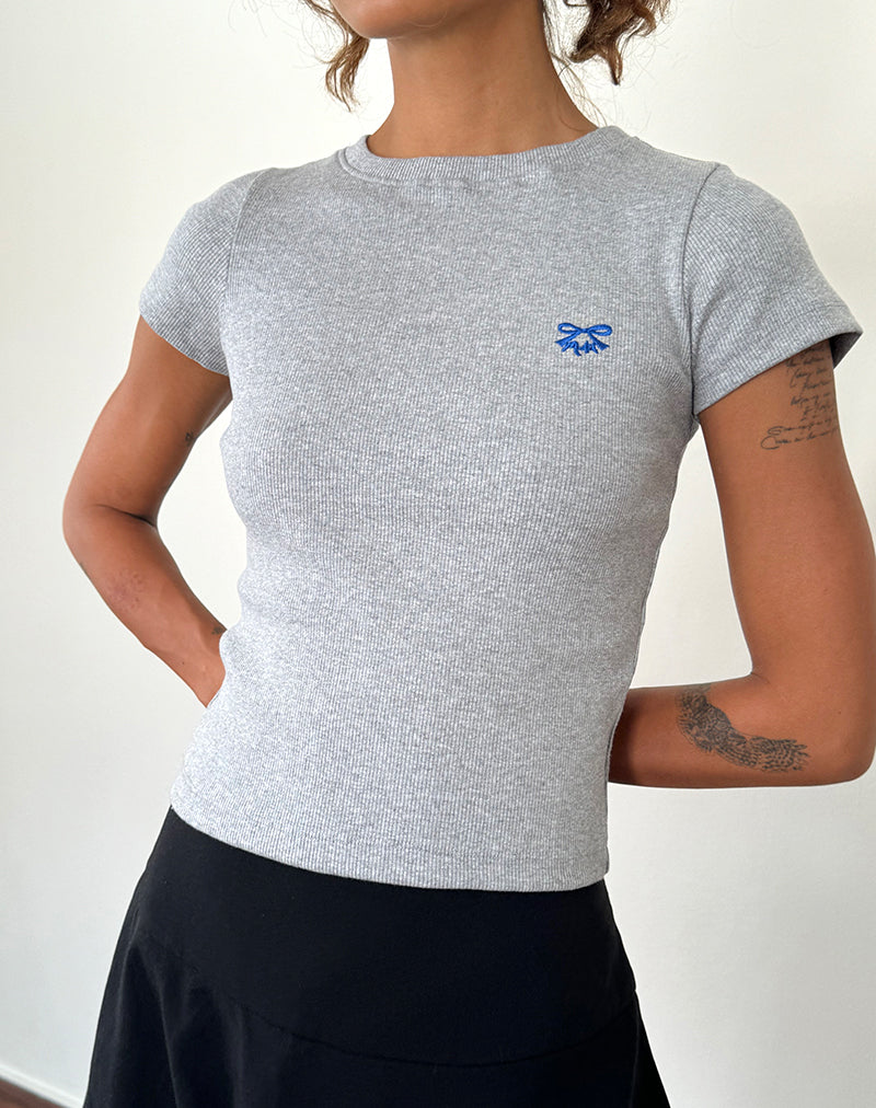 Image of Suti Tee in Grey Marl with Cobalt Blue Bow Embroidery