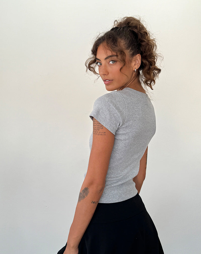 Image of Suti Tee in Grey Marl with Cobalt Blue Bow Embroidery