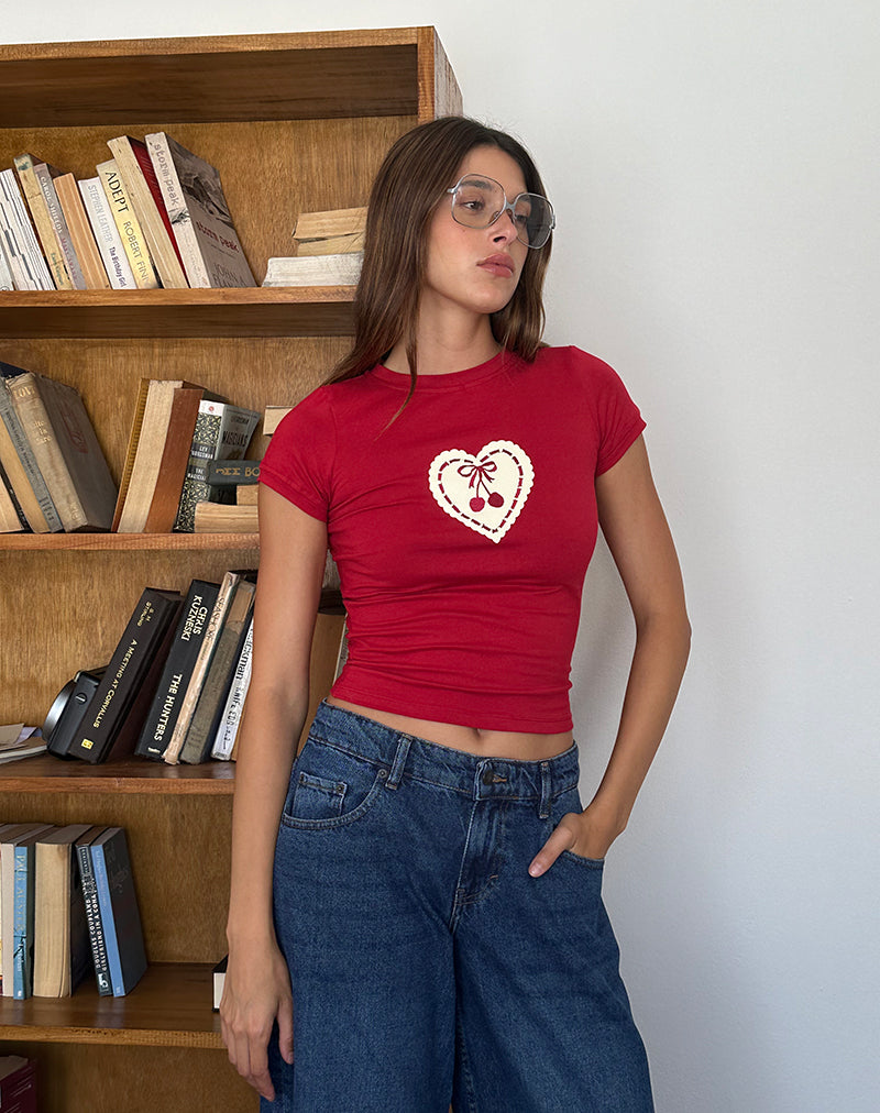 Sutin Baby Tee in Adrenaline Red with Embroidered Cherry Heart