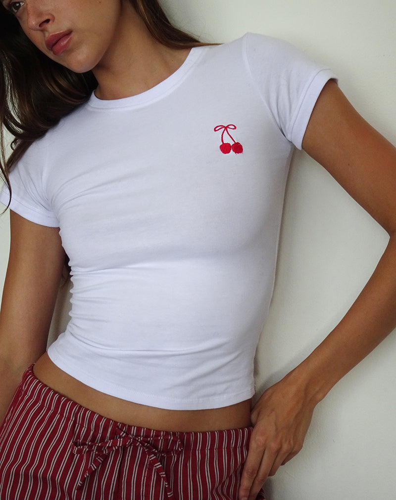 Image of Sutin Tee in White with Red Cherry Embroidery