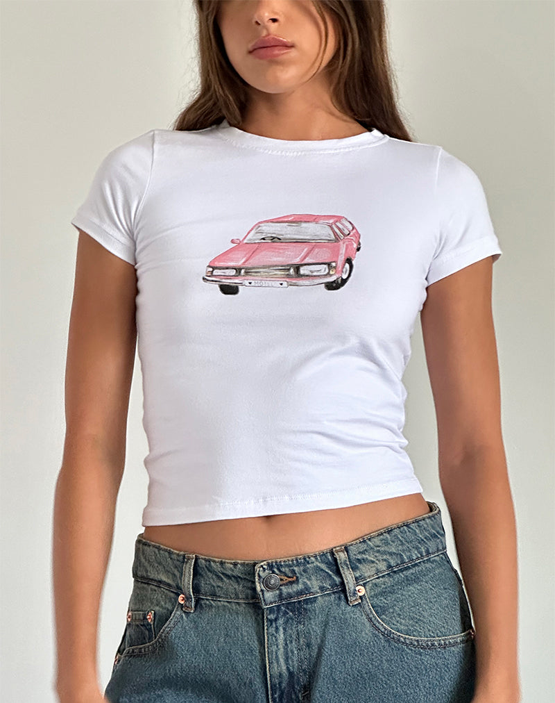 Sutin Baby Tee in White with Scribble Car Graphic