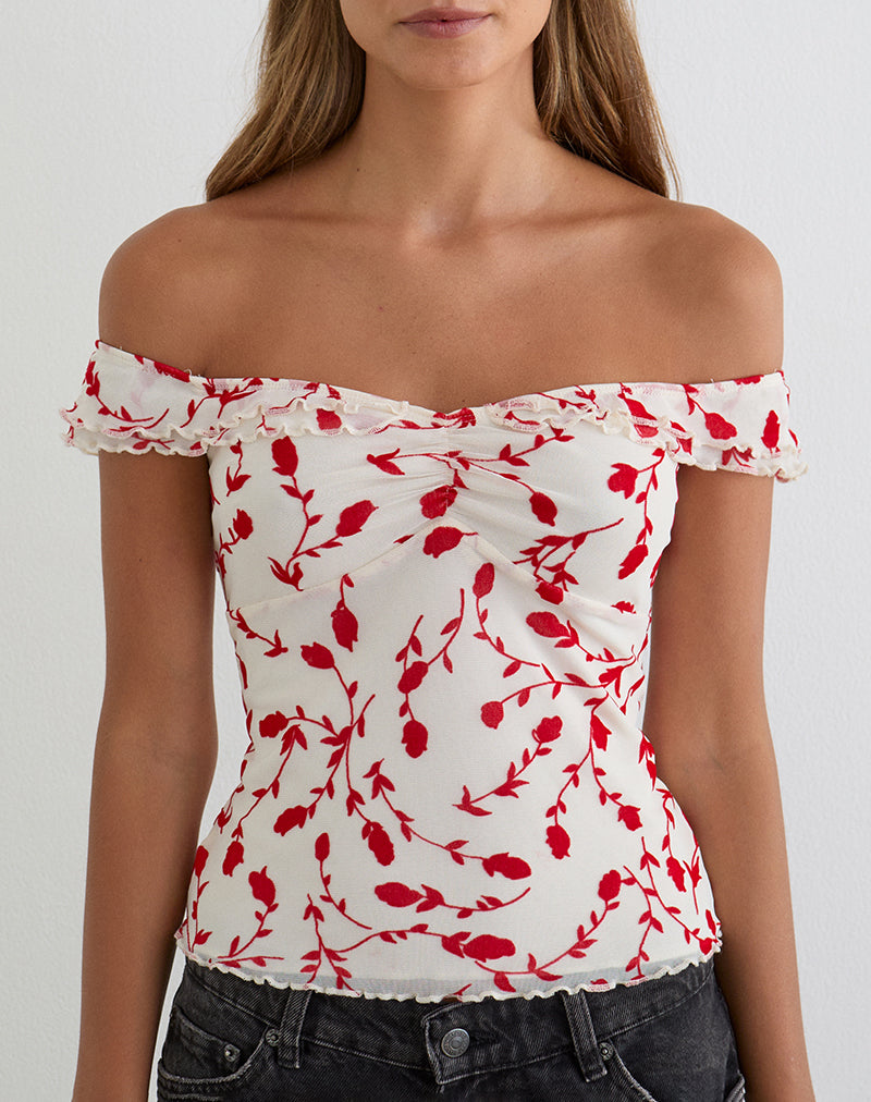 Switi Bardot Top in Cream with Red Leafy Lily Flock