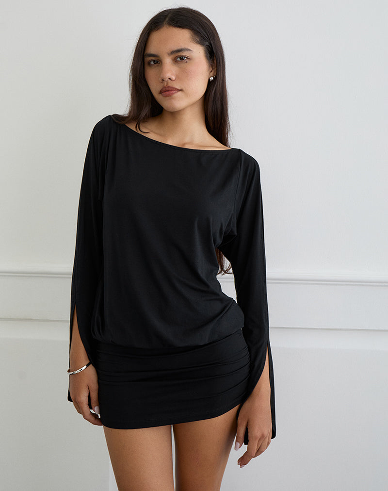 Image of Sybe Cut Batwing Sleeve Mini Dress in Black