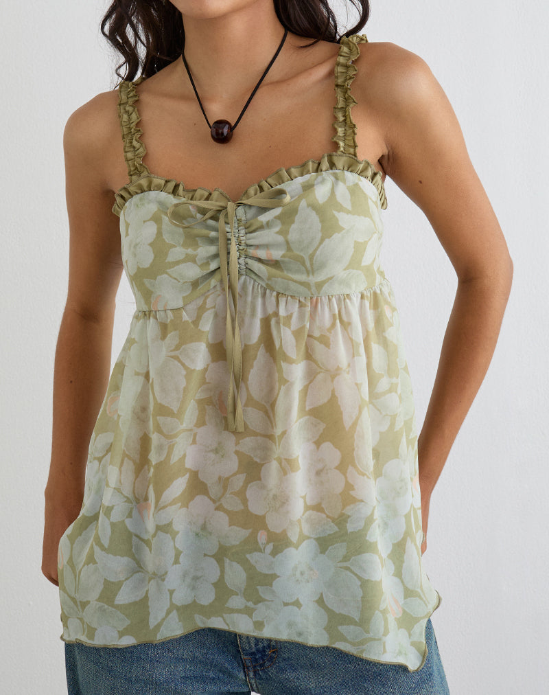 Sylva Asymmetric Hem Cami Top in Pale Flower Green