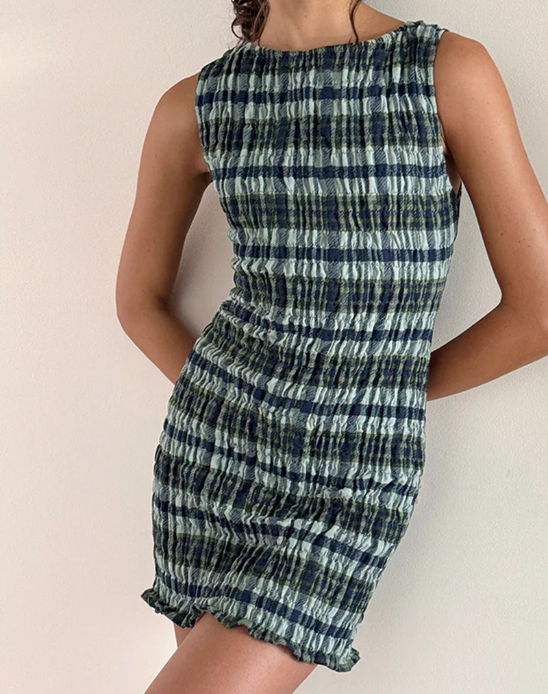 Image of Takayi Mini Dress in Linen Mono Check Green