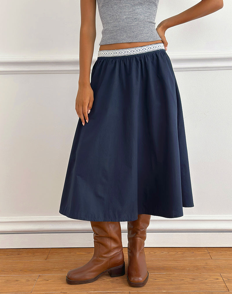 Takira Midi Skirt in Dark Navy with Lace Trim