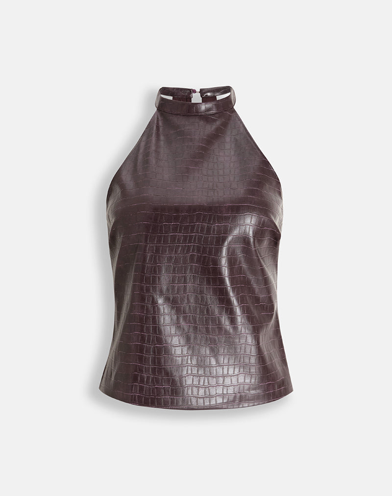 Image of Tali High Neck Top in Croc PU Aubergine