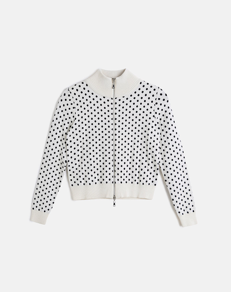 Image of Talisa Zip Through Knit Jacket in Tiny Polka Ivory