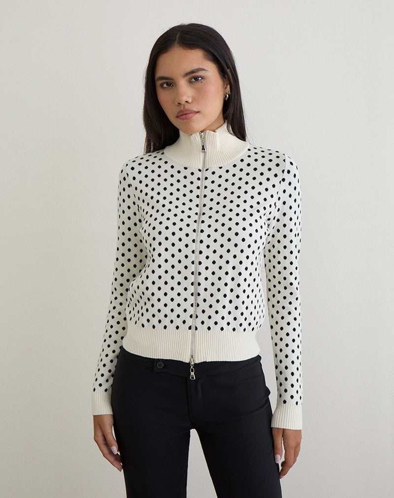 Image of Talisa Zip Through Knit Jacket in Tiny Polka Ivory