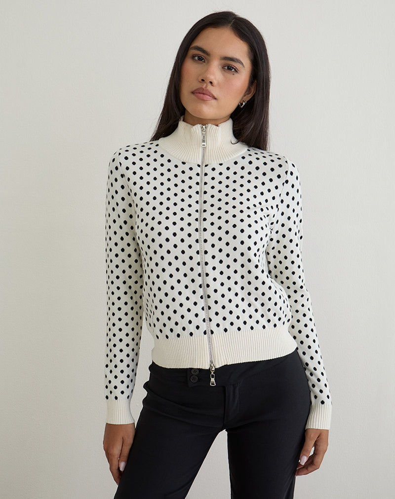 Image of Talisa Zip Through Knit Jacket in Tiny Polka Ivory