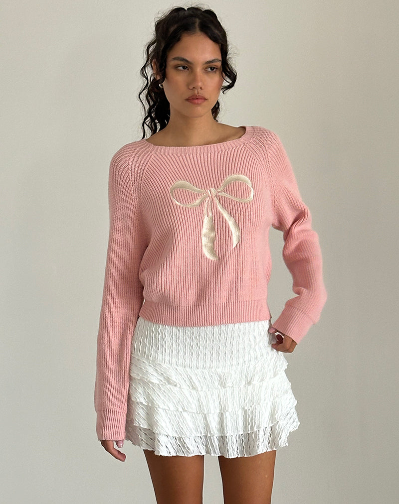Image of Tami Jumper in Knit Pink with White Bow Embroidery